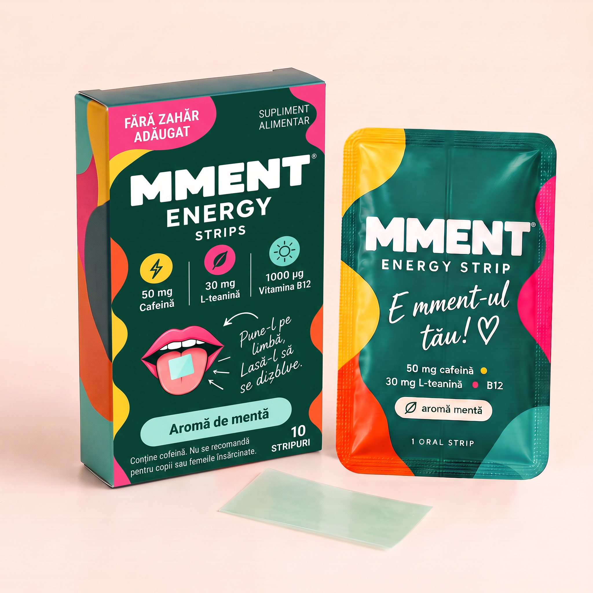 Cutia MMENT Energy cu capac magnetic parțial deschis, plic individual și strip